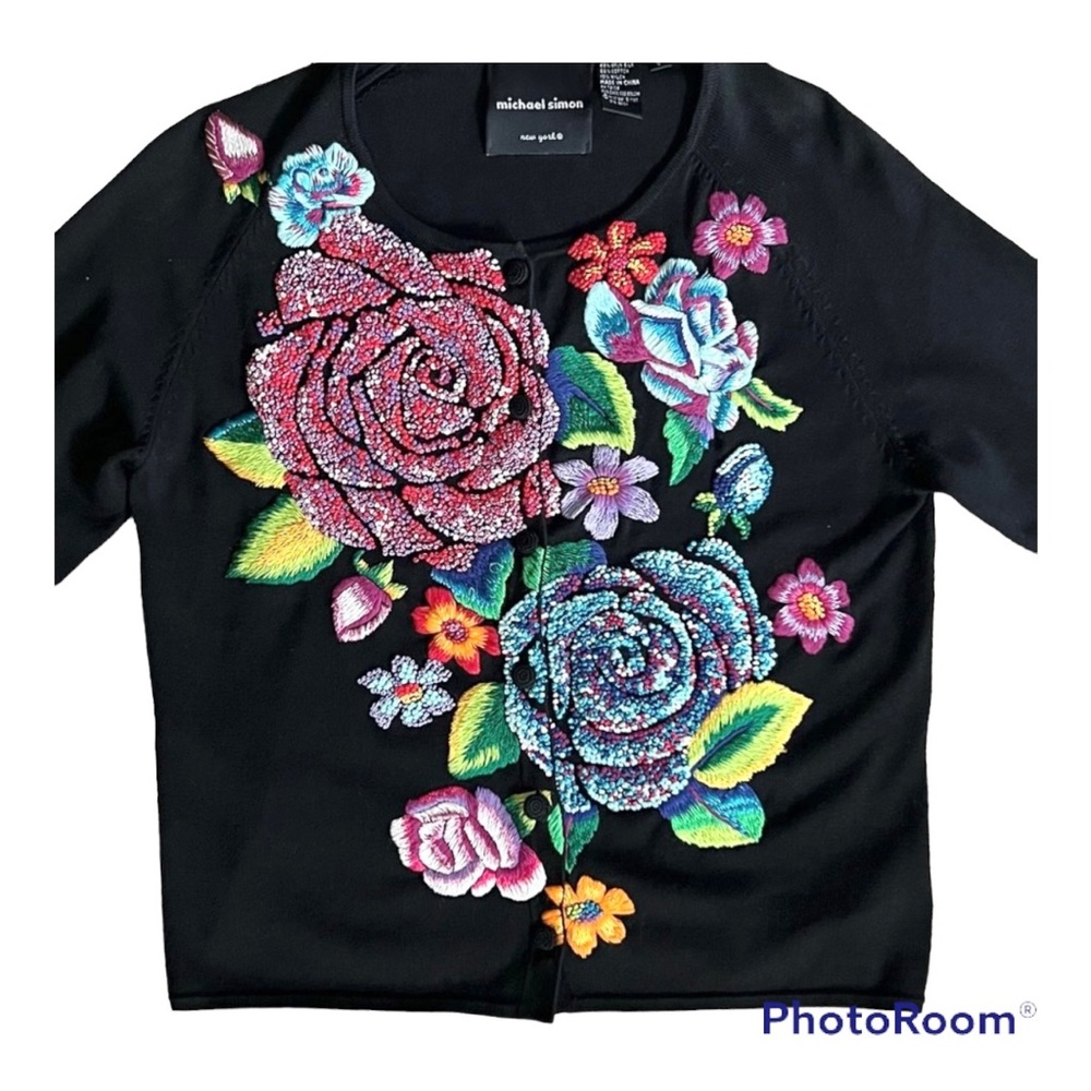 Michael Simon Women’s Floral Cardigan Sweater 3/4 Sleeves Small